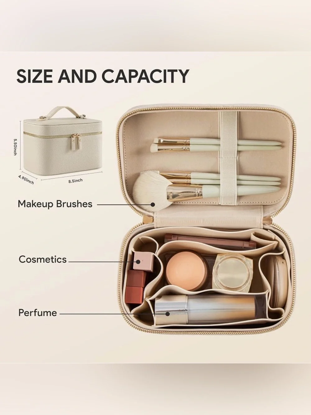 Travel Makeup Case - Compact Cosmetic Organizer - Cream